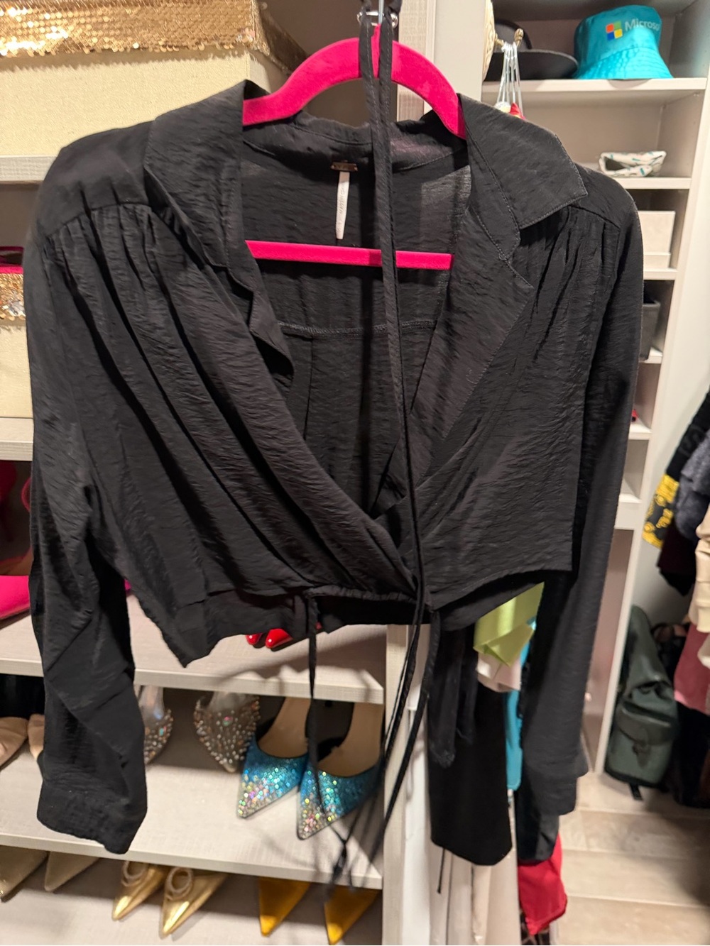 Women’s Black Cropped Wrap Blouse with Tie Waist